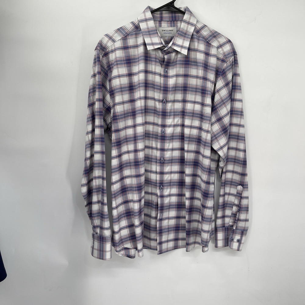Twillory L-XL Button Down Shirt Mens White Blue Purple Plaid Tailored Fit